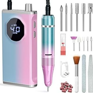 Professionnelle, Lime à Ongle Electrique Rechargeable 40000 Tours Puissante Silenceuse avec 12 Embouts et Affichage de LED pour Manucure Pédicure pour Salon/Maison