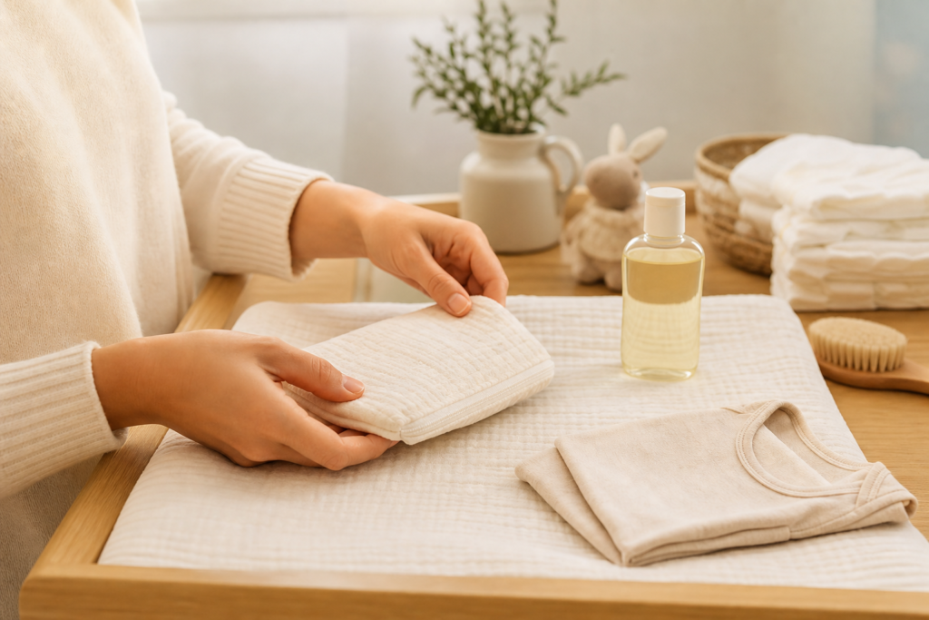 Table à langer douce avec lange, body bébé et huile de massage