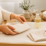Table à langer douce avec lange, body bébé et huile de massage