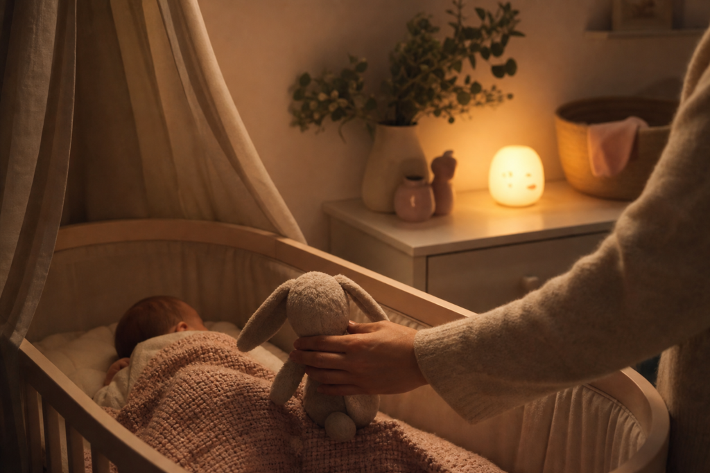 Chambre de bébé apaisante avec veilleuse et doudou le soir