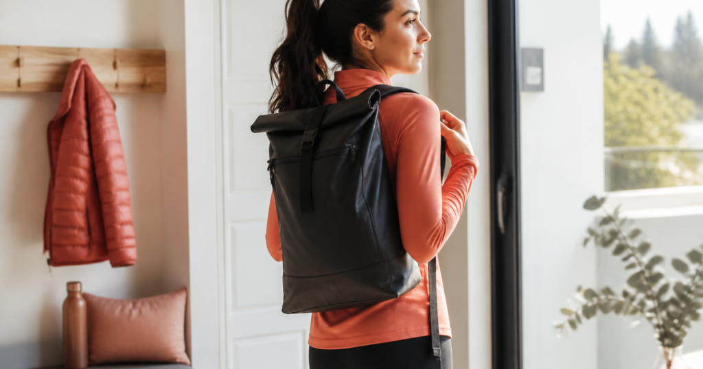 Femme active portant un sac à dos urbain pratique et stylé