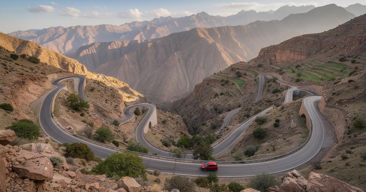 Route sinueuse dans les montagnes de l’Atlas au Maroc