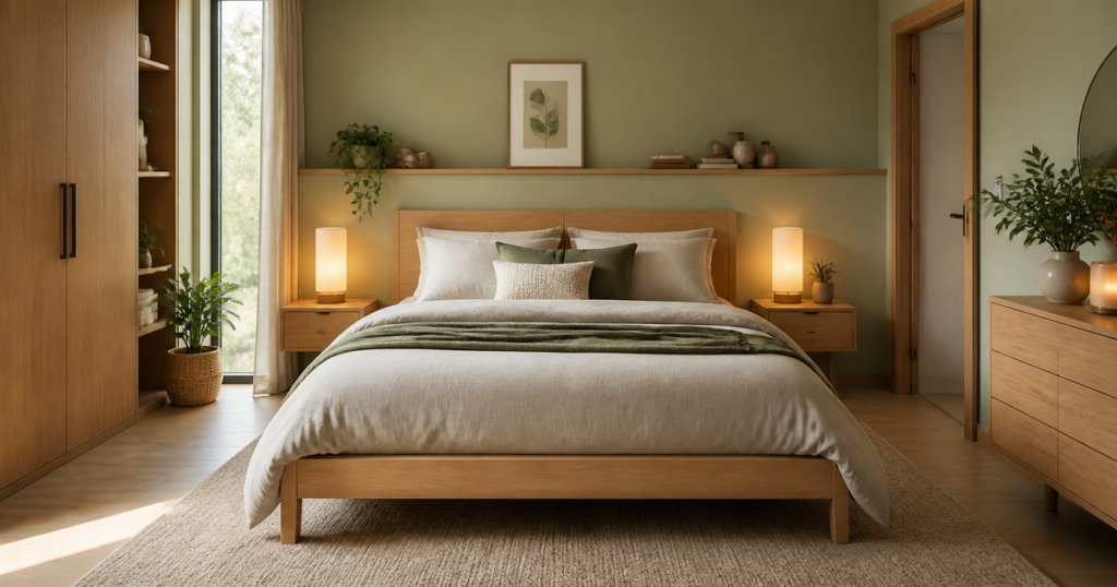 Chambre minimaliste chaleureuse avec lit en bois clair et linge naturel