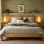 Chambre minimaliste chaleureuse avec lit en bois clair et linge naturel