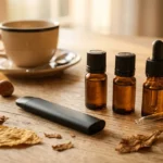 Flacons de e-liquide classic et cigarette électronique pod sur une table en bois avec feuilles de tabac