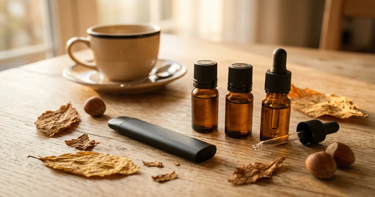 Flacons de e-liquide classic et cigarette électronique pod sur une table en bois avec feuilles de tabac