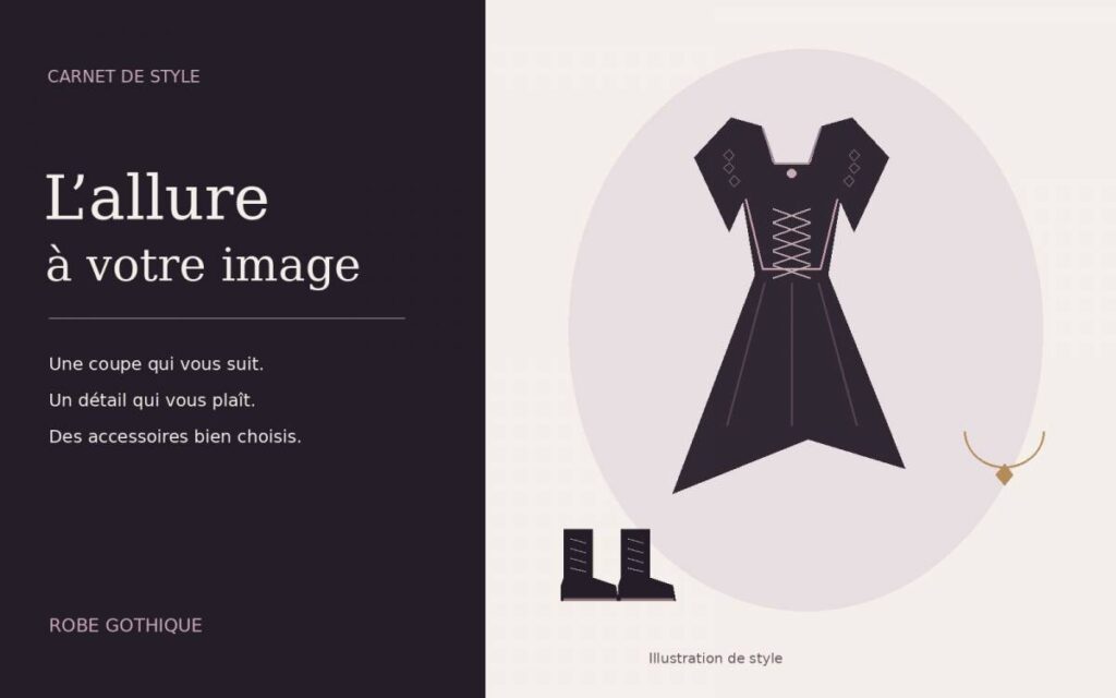 Illustration de style : robe gothique noire à laçage, bottines et collier
