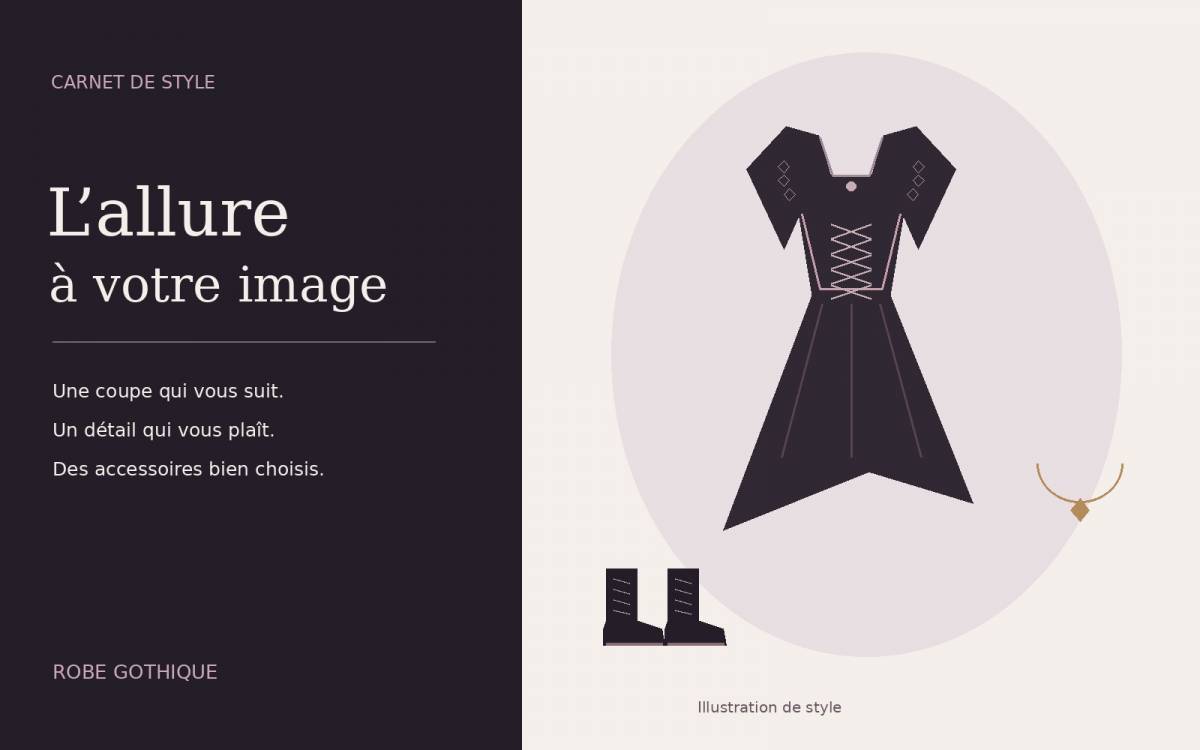 Illustration de style : robe gothique noire à laçage, bottines et collier